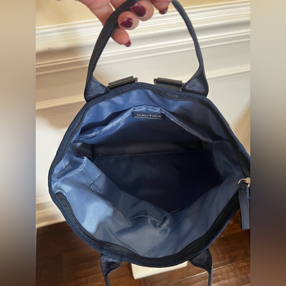 Nautica, Sleek & feminine Laptop Tote/Backpack. Tan, Navy and Red Stripes. main image 5